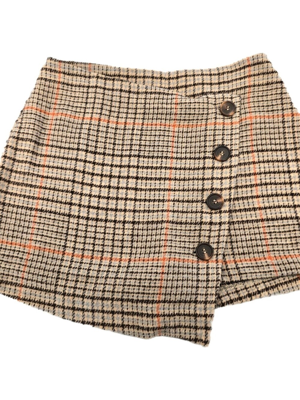 LUSH Plaid Tweed Skort Womens M Brown Wrap Button Front Preppy Academia Shorts
